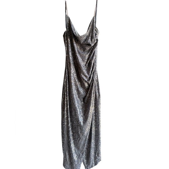 Laundry by Shelli Segal women's grey and silver sequin cowl neck dress Size 8 - Picture 5 of 12
